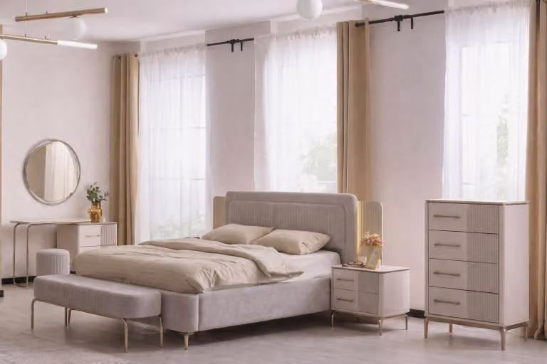 Set moderno per camera da letto, composto da letto, due comodini e una cassettiera
