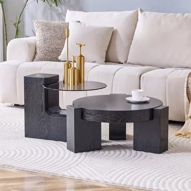Set Tavolini da Salotto ¨C Xylo ¨C Vetro Grigio Trasparente e MDF Nero, Design Moderno