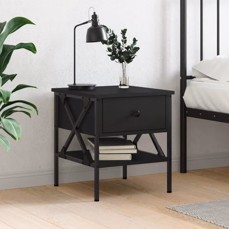 Comodino stile industrial vidaXL in legno e metallo nero L: 40 cm, P: 42 cm, H: 45 cm