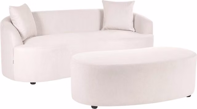 con pouf, 2 posti, a forma di fagiolo rivestito in tessuto color tortora Amal Divano ovale in tessuto con pouf, 2 posti, a forma di fagiolo, stile organico, rivestito in tessuto color beige chiaro