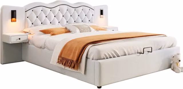 Letto matrimoniale 180x200 imbottito beige con testiera integrata， sollevamento idraulico， USB， luci laterali e ampio vano contenitore， senza materasso