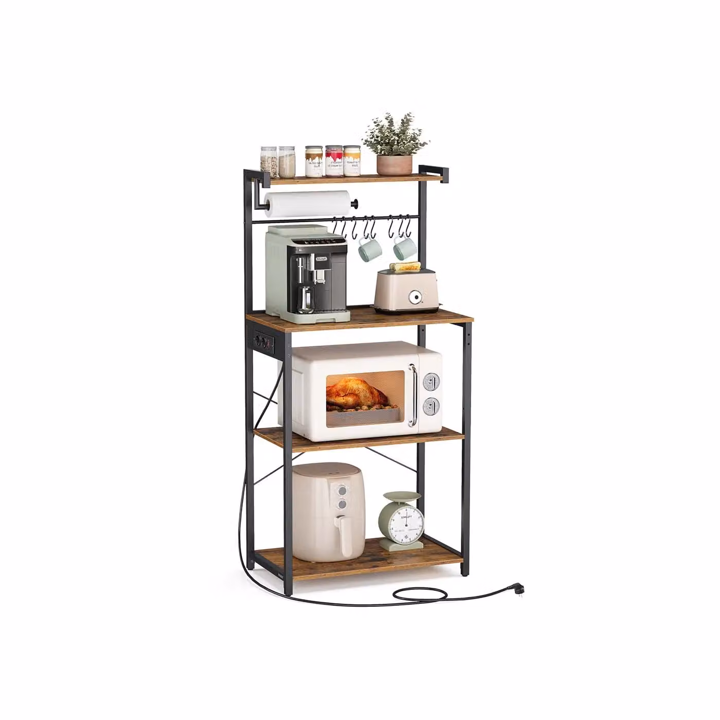 Scaffale da Cucina con Presa Elettrica, Marrone Vintage + Nero Inchiostro