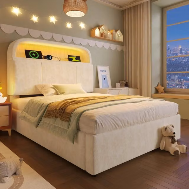 Letto contenitore singolo 90 × 200 cm con LED, USB e tipo C, testiera regolabile, senza materasso, velluto beige
