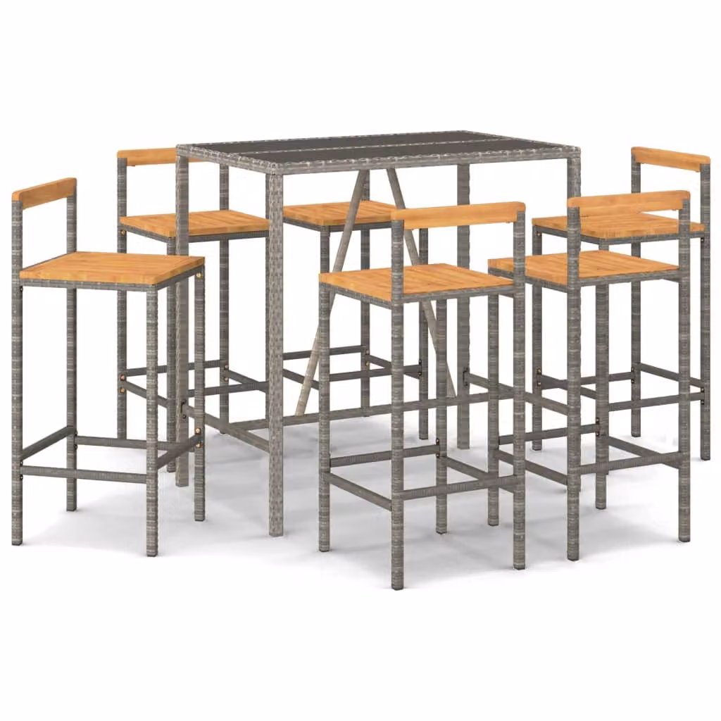 Set Bar Giardino 7pz Grigio Polyrattan e Legno Massello Acacia