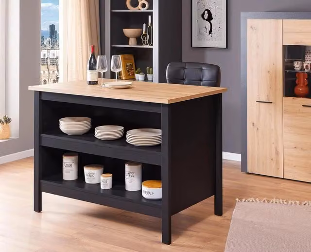 Isola per cucina redenza 2 ripiani cm 124x75x82h Helina Nero e rovere INTER LINK