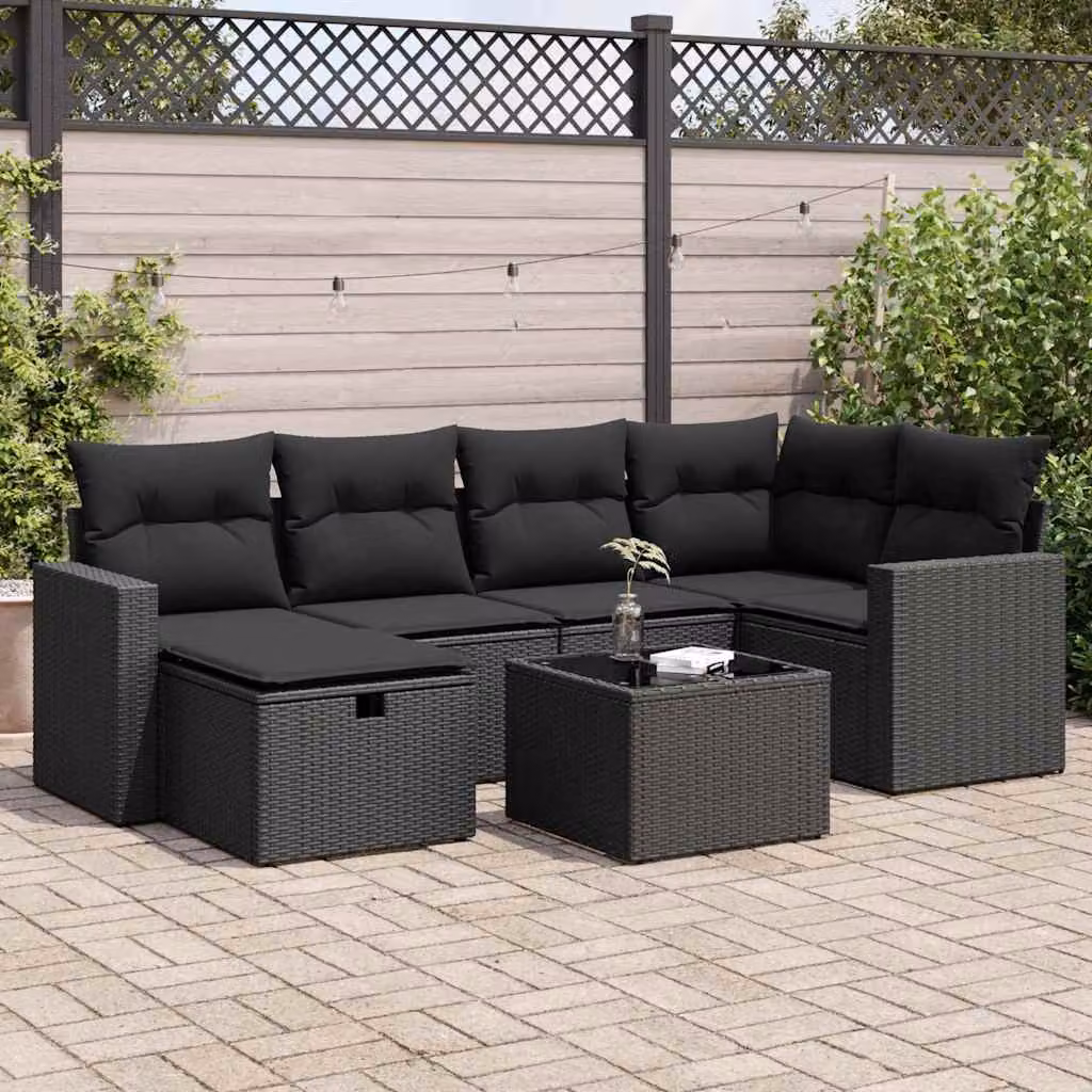 Set Divano da Giardino a L vidaXL con 7 Pezzi, Polyrattan Nero e Cuscini Imbottiti