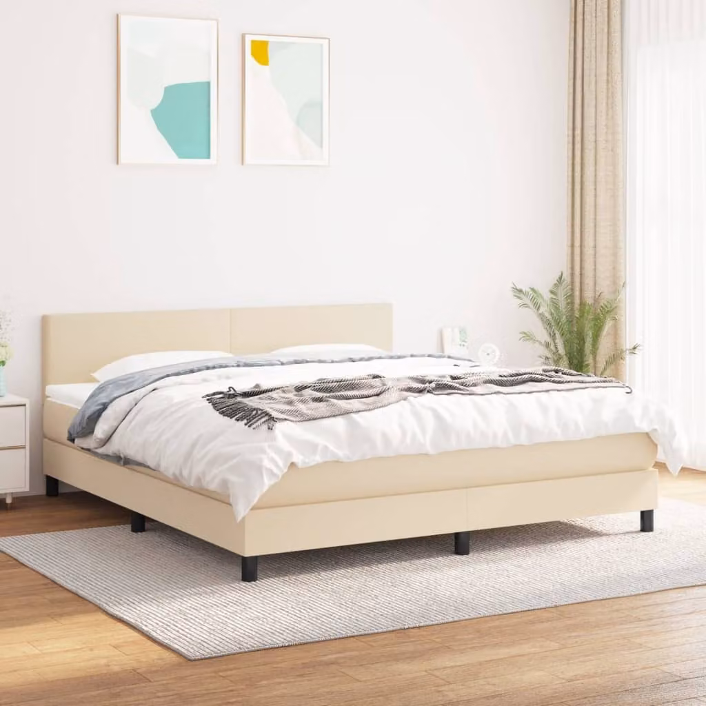 The Living Store Letto a molle con materasso crema 160x200 cm in tessuto