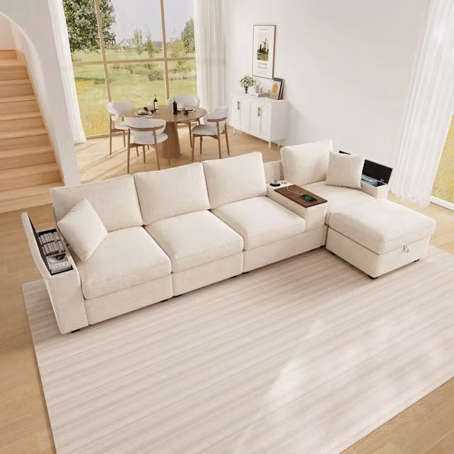 Divano angolare con pouf e vani contenitori ¨C Minimal ¨C Beige tessuto, con porte USB e porta bicchieri