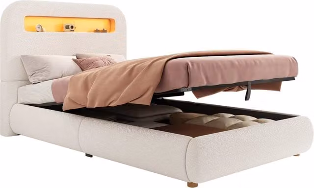 Letto Singolo con Contenitore e Illuminazione LED in Bouclé Bianco L/P: 90 x 200 cm