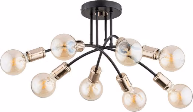 Plafoniera Loft Alfa in metallo nero e oro con 8 x E27 per soggiorno e camera da letto