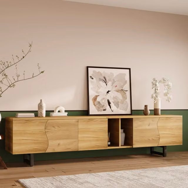Mobile porta TV OKWISH per soggiorno in MDF e legno, colore beige e marrone, con vani chiusi e ripiani aperti, L: 191 cm, P: 38 cm, H: 46,5 cm