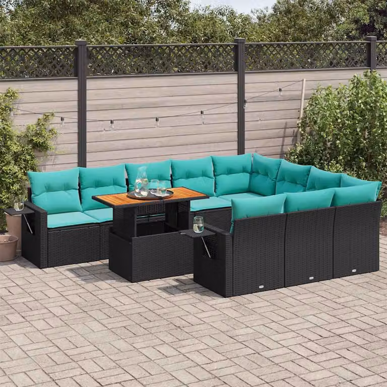 Set Divani da Giardino vidaXL 11 pz a Forma a U con Cuscini Blu e Nero in Polyrattan e Acciaio