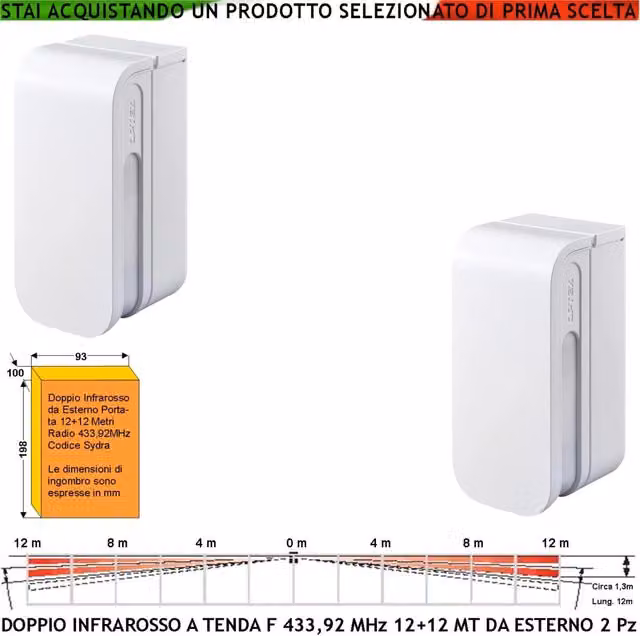 Set di 2 Sensori Infrarossi Securvera per Esterno con Rilevamento Movimento, Tecnologia Wireless Bidirezionale 433,92 MHz e Connettività GSM, Protezione per Pareti e Porticati, Colore Bianco