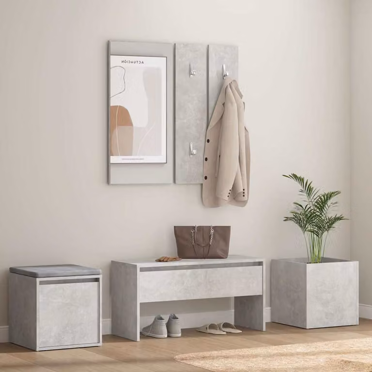 Set di mobili da corridoio vidaXL moderno in legno e MDF grigio cemento con panca, specchio, scarpiera e appendiabiti