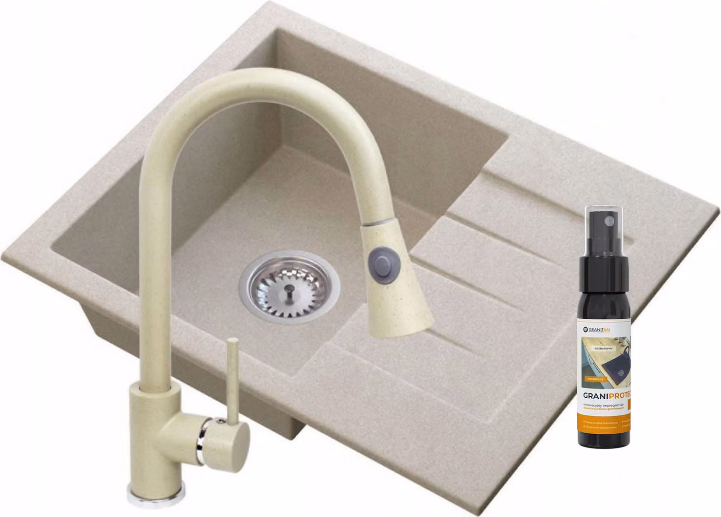 Granitan - Lavello in granito - Lavello da cucina - 57x46 cm - Beige - con rubinetto SNAKE e scolapiatti - MILANO