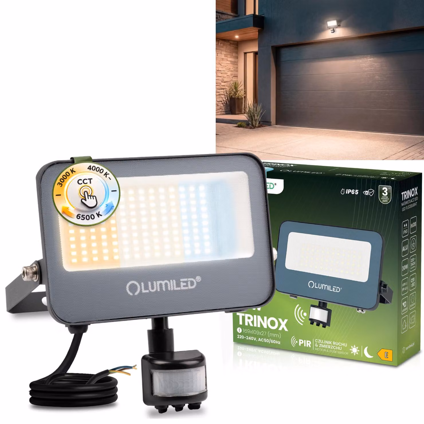 Faretto LED LUMILED per esterni 30W 3300lm CCT 3000K 4000K 6500K con sensore di movimento Sensore crepuscolare IP65 Impermeabile Proiettore per esterni Faretto da giardino Garage Cortile Faretto da parete Alluminio Grigio Faretti Proiettori neri Proiettor