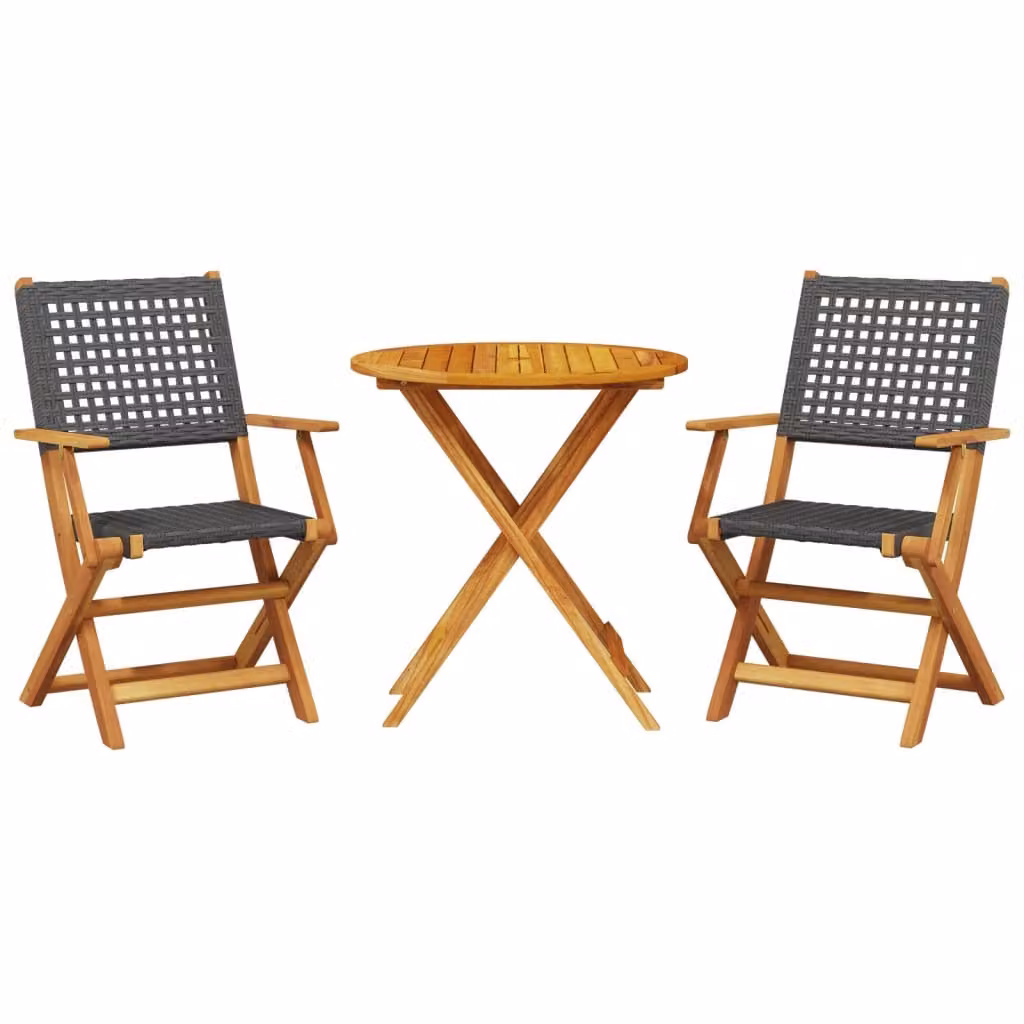 Set da Bistrot 3 pz Nero in Polyrattan e Legno Massello