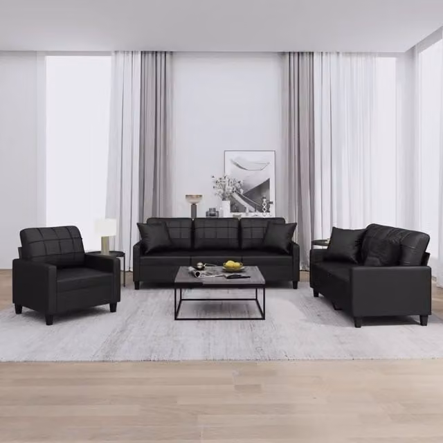 Set di divani vidaXL in similpelle nera con cuscini per soggiorno in stile moderno