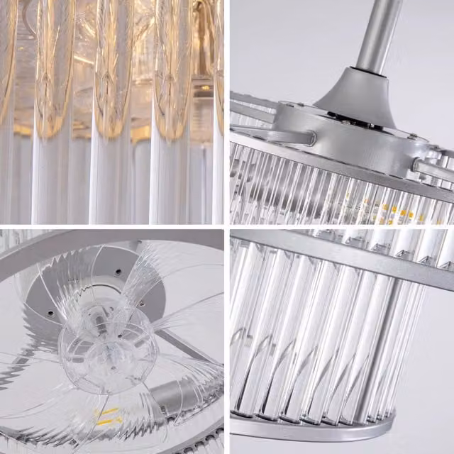Ventilatore da soffitto Minimal argento con cristallo trasparente, alette in ABS, controllo tramite app e telecomando, 6 velocità, silenzioso con luce LED