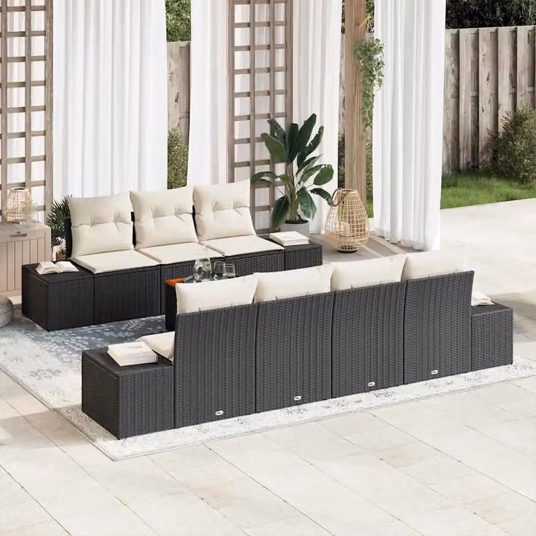 Set Divano da Giardino Moderno vidaXL in Polyrattan Nero con Cuscini e Tavolino da Esterno