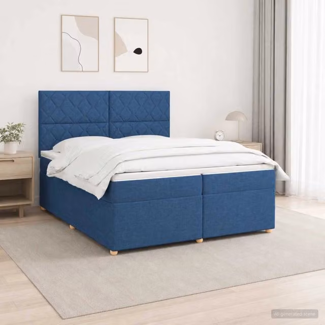 Letto box spring ibrido vidaXL con materasso a molle insacchettate e base contenitore, colore blu e bianco, L/P/H: 200 x 200 x 140,5 cm