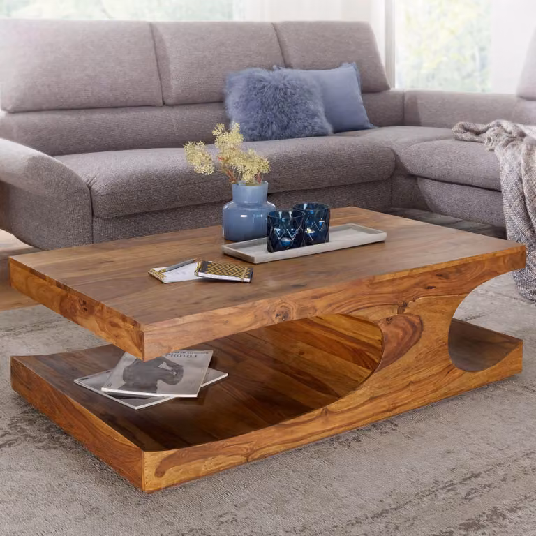 Tavolino FineBuy in legno massello di sheesham 120 cm · Tavolino da salotto rettangolare con forma sinuosa e ripiano · Realizzato a mano e dal design unico