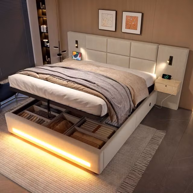 Letto contenitore 160x200 cm; matrimoniale con contenitore idraulico; cassetti; testiera; LED; USB e Type-C; velluto; beige