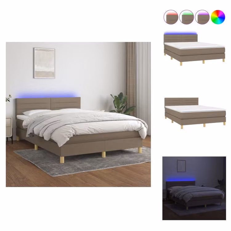 vidaXL Letto a molle con materasso e tessuto LED Taupe 140x190 cm - Letti & strutture letto