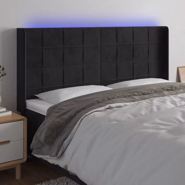 Testiera con LED e porta USB vidaXL in velluto nero, L: 203 cm, P: 16 cm, H: 118/128 cm – 1