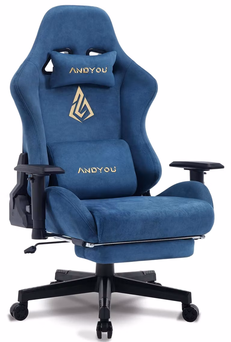 Sedia da gaming ergonomica con braccioli regolabili e poggiapiedi, rivestita in elegante blu