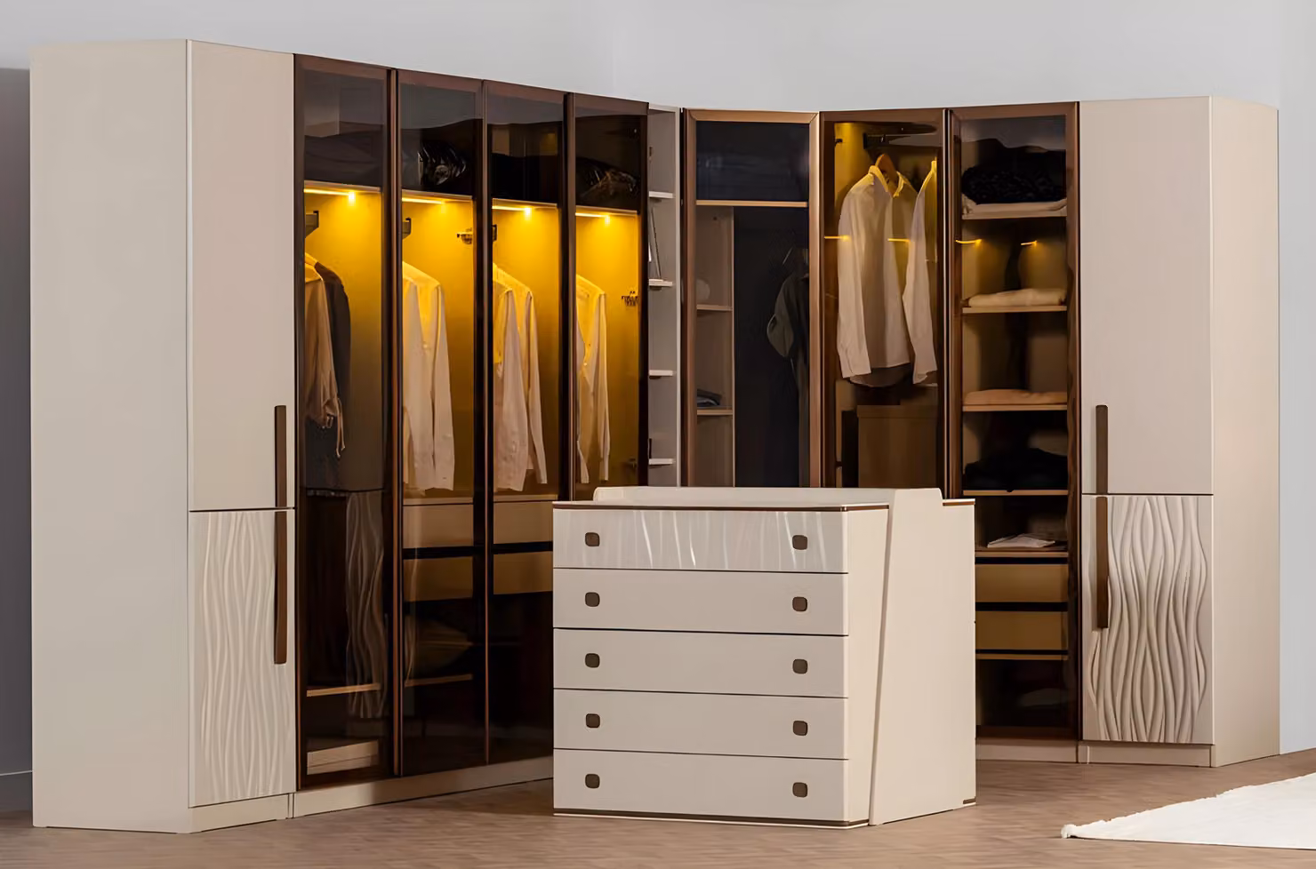 Garderobe Eckkleiderschrank Kleiderschrank Kommode Schrank Holz Beige Set
