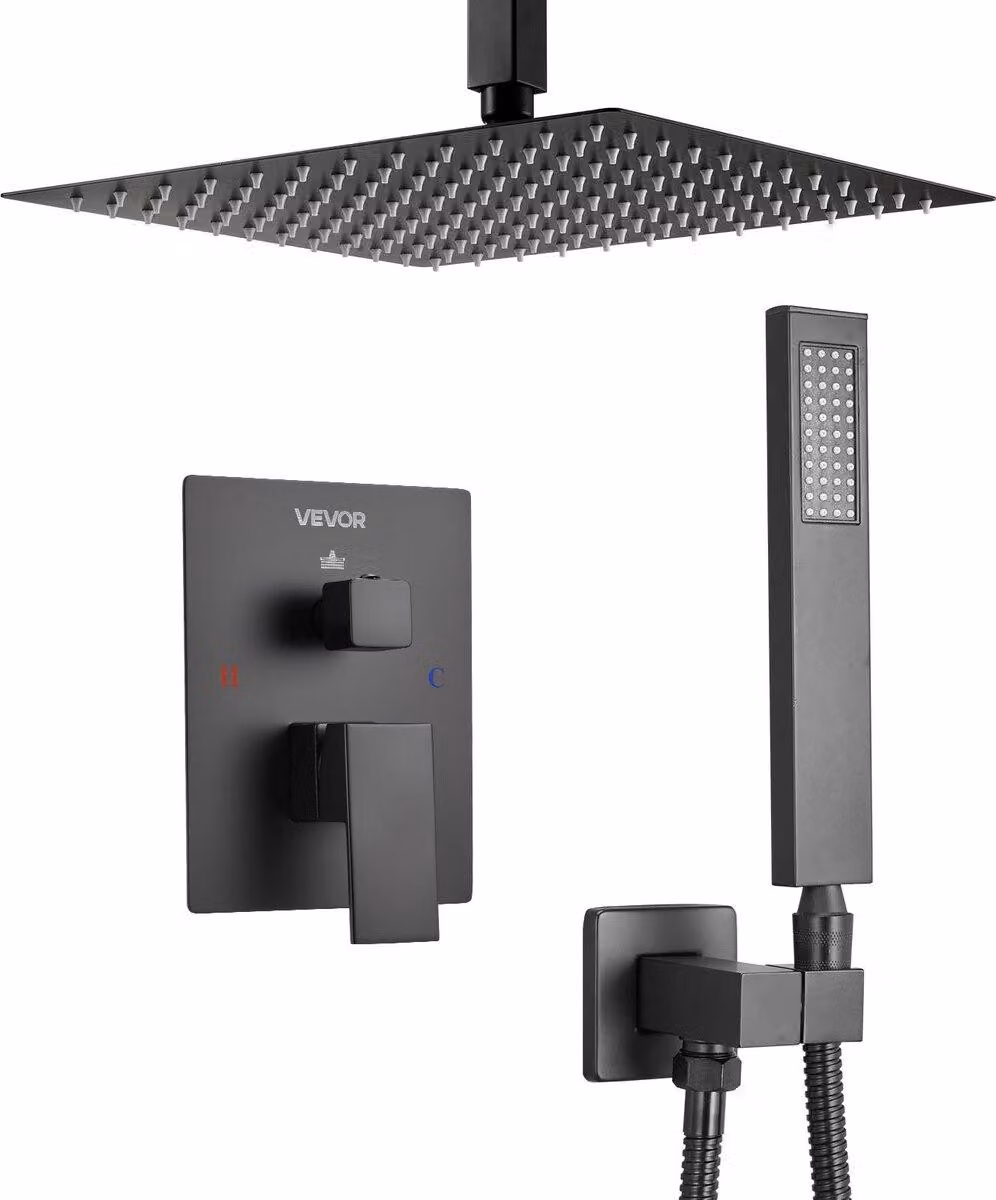 Set rubinetteria per doccia con soffione quadrato da 10" e doccetta, nero opaco
