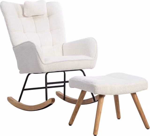 Poltrona a Dondolo Bouclé Bianca H92 cm con Poggiatesta e Pouf 49x38x38 cm