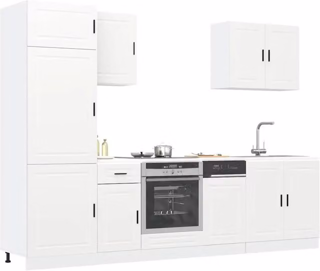 Set di mobili da cucina moderno vidaXL composto da 7 pezzi in legno multistrato, colore bianco e legno, con ante a battente e cassetti