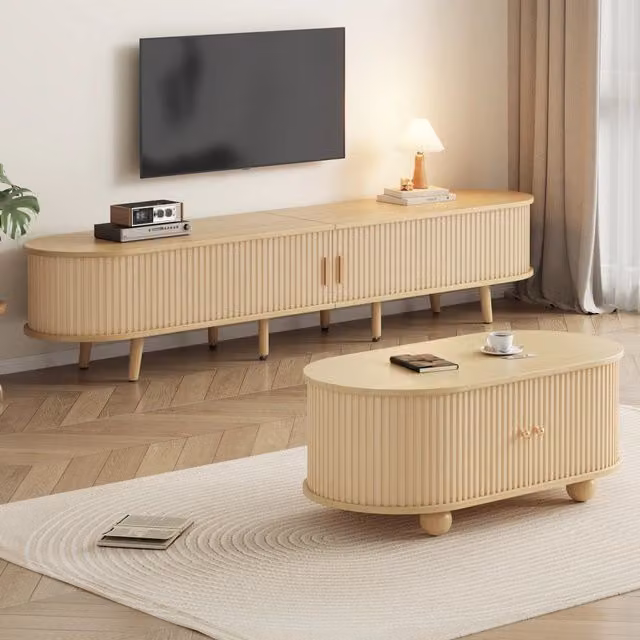 Mobile porta TV con tavolino basso in MDF con 2 cassetti 2 ante scorrevoli e vano aperto per soggiorno noce chiaro