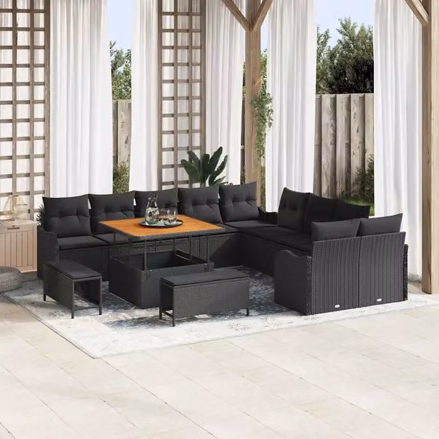 Set Divano da Giardino Moderno vidaXL in Rattan e Legno di Acacia Nero 13 Posti – 1