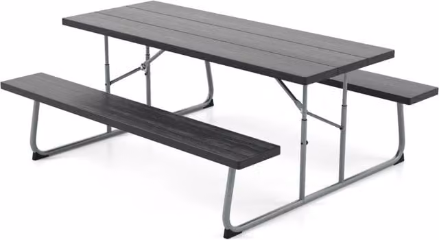Tavolo da picnic pieghevole con 2 panche, Set di tavolo da 183cm con telaio in metallo e foro per ombrellone Nero