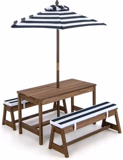 Set di tavolo e panca da picnic per bambini in legno di abete con ombrello e cuscini, colore blu e marrone – 1