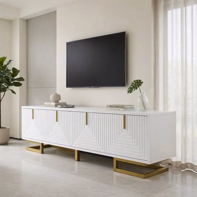 Cassettiera TV moderna KOMHTOM bianca con dettagli in legno e metallo L: 160 cm, P: 38 cm, H: 44,5 cm – 1
