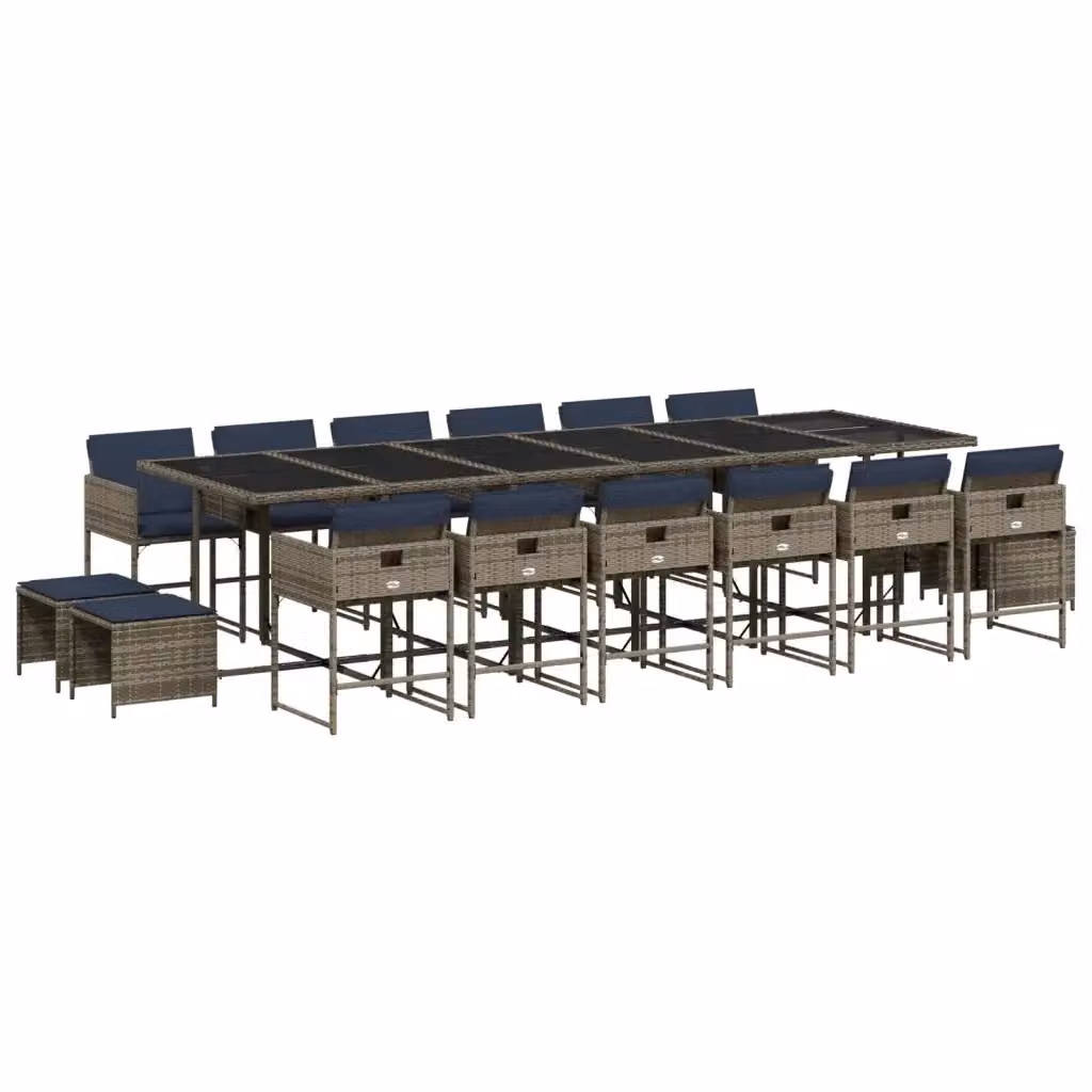 Set da pranzo da giardino vidaXL in polyrattan da 17 pezzi con piano in vetro e cuscini, colore grigio – 2