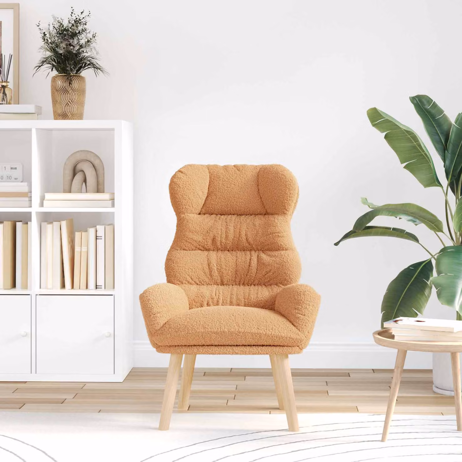 Poltrona lounge vidaXL in tessuto bouclé beige con braccioli e struttura in legno, L: 69 cm, P: 74 cm, H: 93 cm