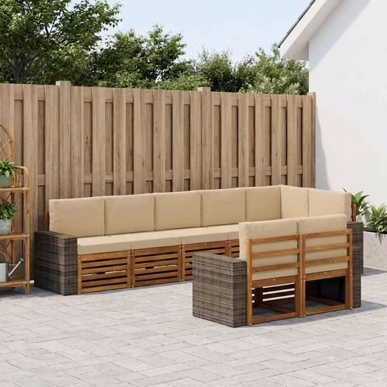 Set di divani da esterno vidaXL a forma di L composto da 8 pezzi in legno di acacia e poliestere resistente ai raggi UV, colori beige, marrone e bianco