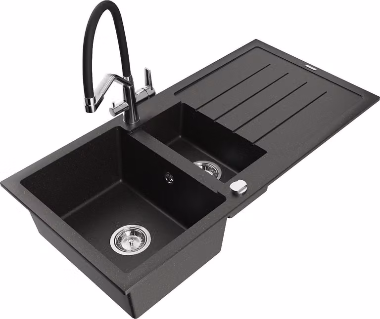 Mexen Andres lavello in granito 1,5 vasca con sgocciolatoio e miscelatore Duo, nero/oro metallizzato - 6515-75-671701-07