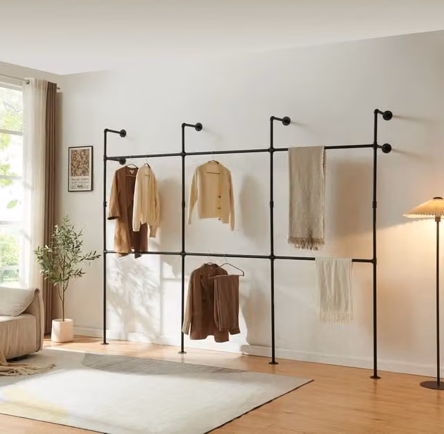 Stand Appendiabiti da Parete Kenävatka en.casa in Acciaio Nero Opaco con Barra Porta Abiti H: 296 cm, L: 222 cm, P: 31 cm