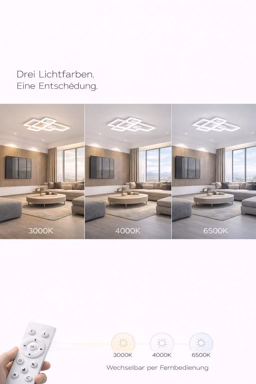 Braytron: moderna lampada da soffitto a LED di design, dimmerabile, 3CCT 3000–6500K, con telecomando, 65W, rettangolare, bianca