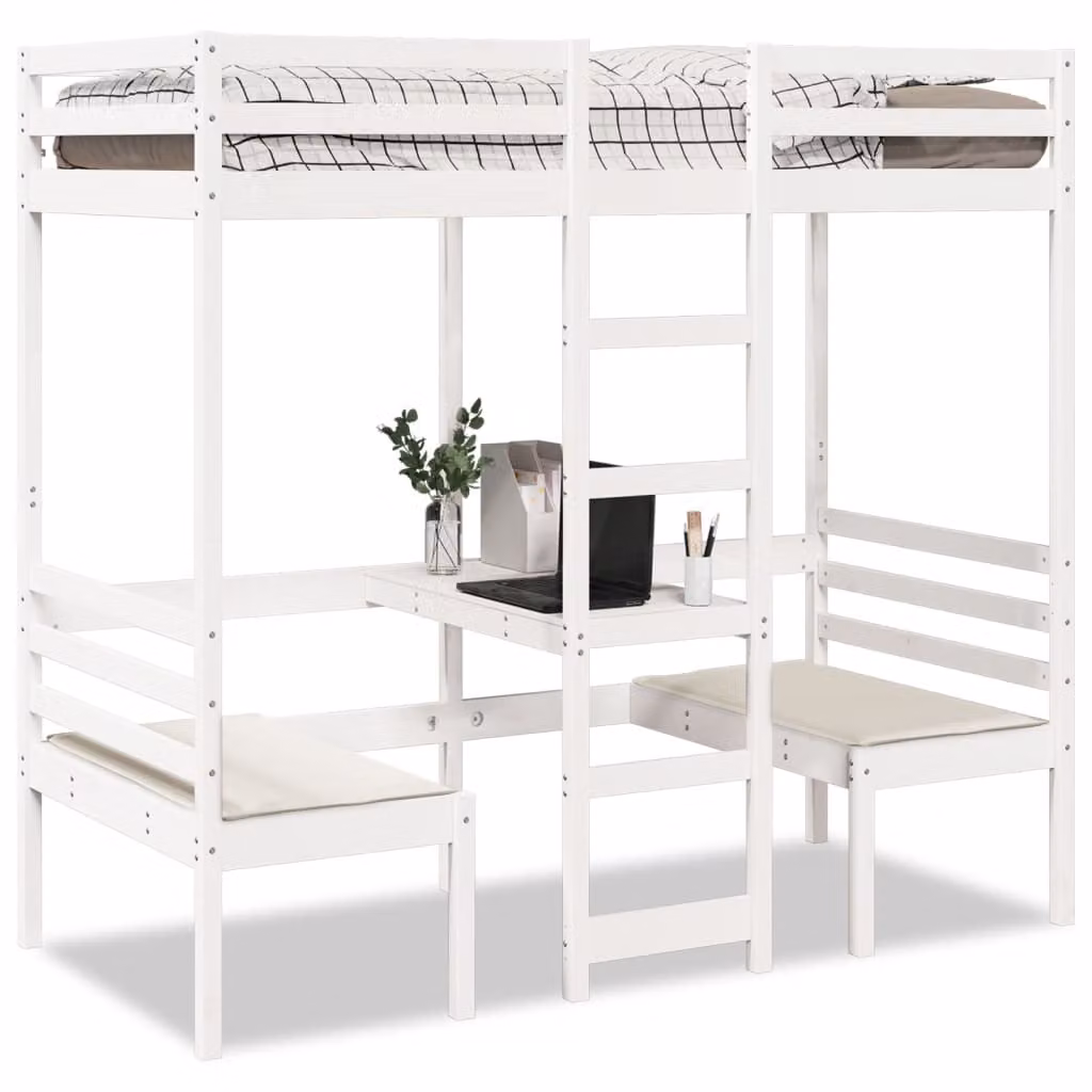 vidaXL Giroletto Soppalco in Legno di Pino con Scrivania e Sedie, Bianco, L/P/H: 200 x 90 x 190,5 cm