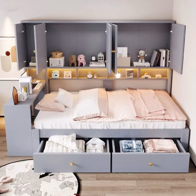 Letto singolo 90x200 cm multifunzionale con scrivania integrata; armadi; cassetti; LED e presa; grigio