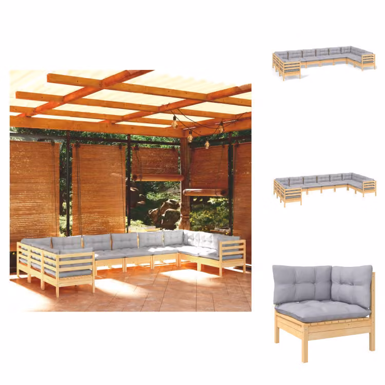 vidaXL Set di 10 pezzi da giardino con cuscini grigi in legno di pino - Set di mobili da giardino