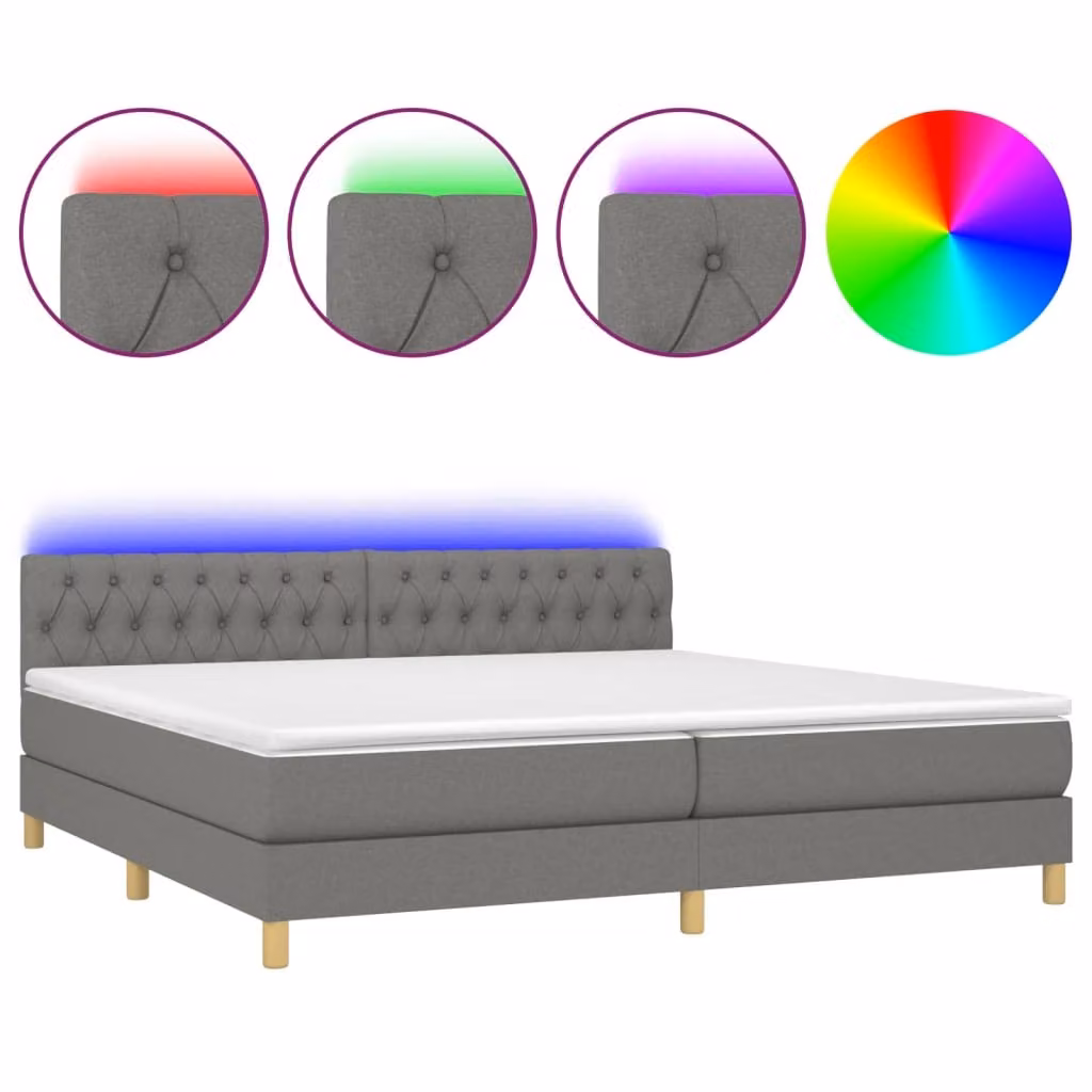 Letto a Molle Materasso e LED Grigio Scuro 200x200cm in Tessuto