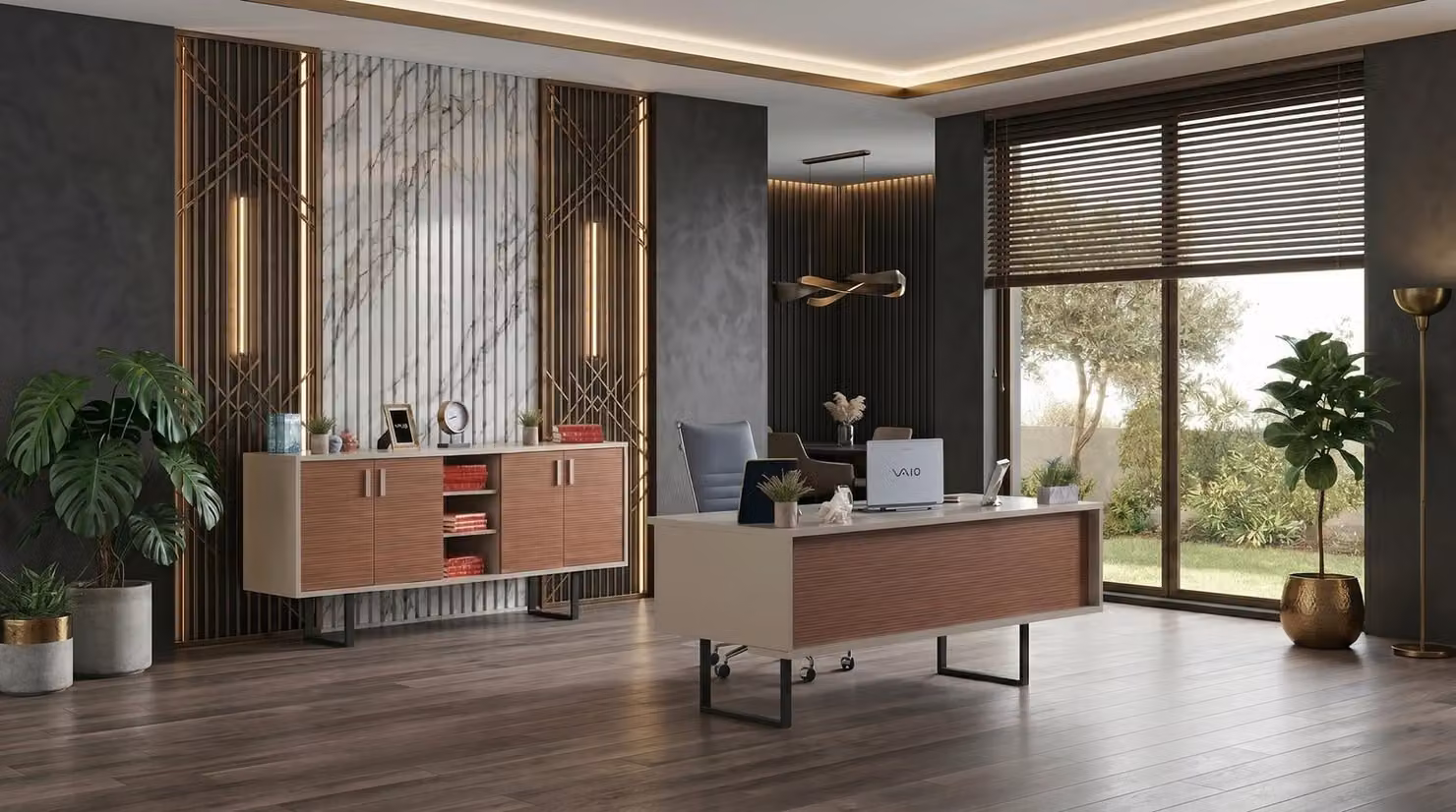 Set da ufficio color beige, composto da una scrivania grande, un armadio e elementi moderni per l'arredamento di uno studio